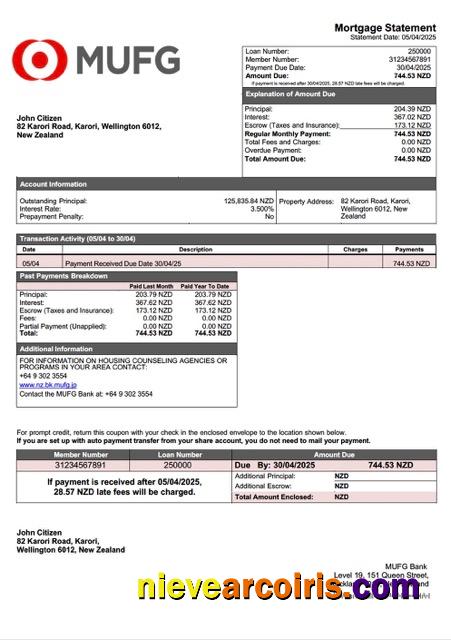 New Zealand MUFG Bank mortgage statement Word and PDF template